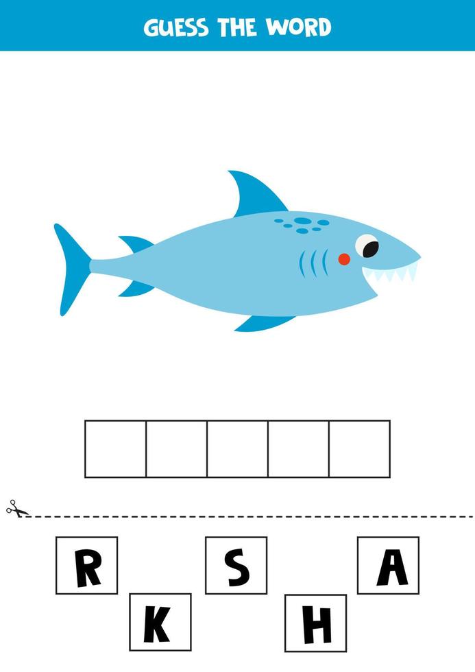 stavning spel för förskola ungar. söt tecknad serie haj. vektor