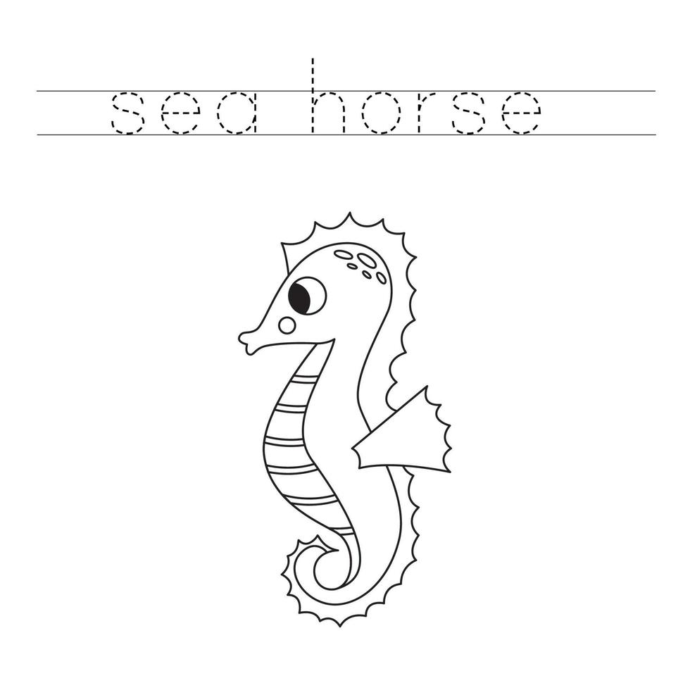 spår de brev och Färg tecknad serie sjöhäst. handstil öva för ungar. vektor