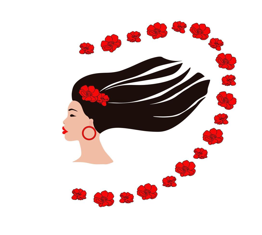eine schöne junge Frau mit langen Haaren mit einem Blumenrahmen vektor