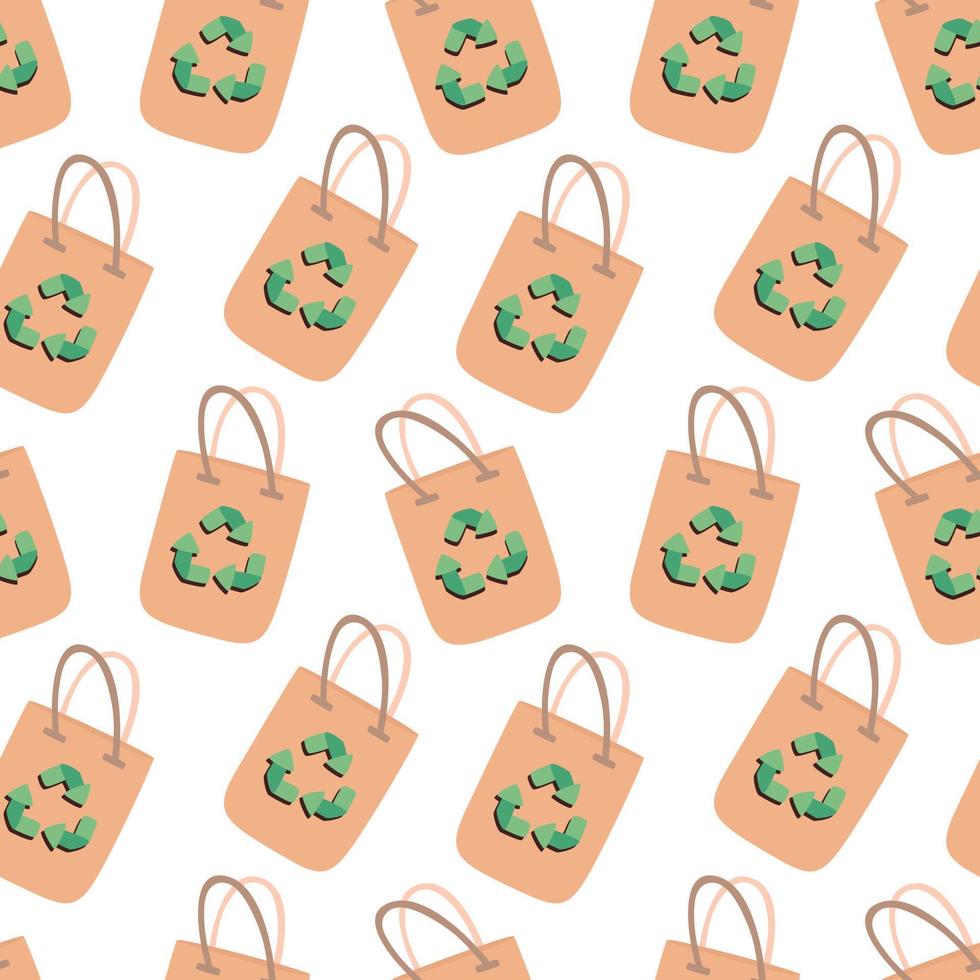 Wiederverwendbare Einkaufstasche mit Recycling-Schild. Vektor flache nahtlose Muster, Öko-Konzept.