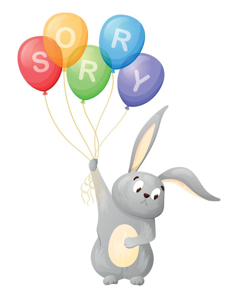 ursäktande hare innehav en knippa av ballonger med inskrift förlåt. vektor tecknad serie isolerat illustration av en djur.