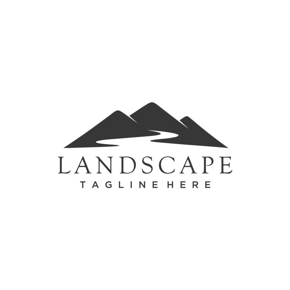 minimalistische landschaft hügel, berggipfel fluss bach silhouette logo design vektor