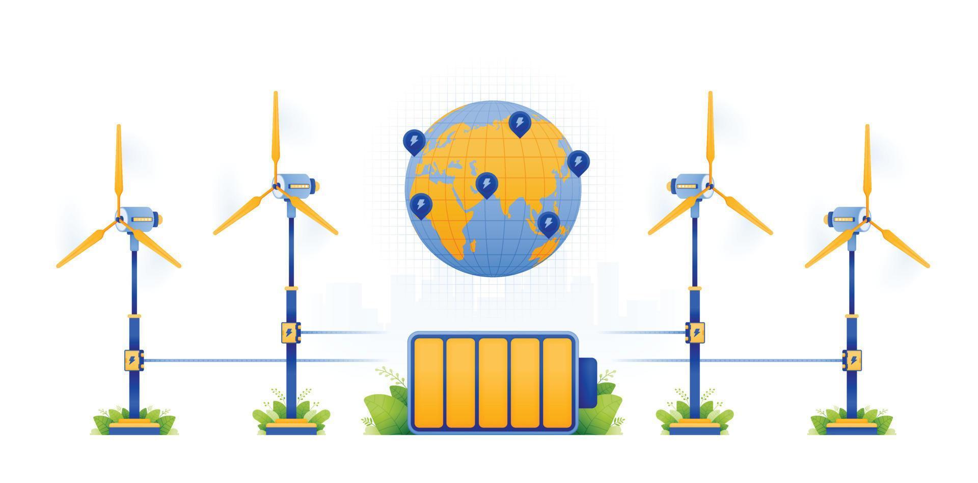 illustration design av väderkvarnar förnybar energi. laddning energi till noll utsläpp batteri. jord med Mer hållbar elektricitet. kan vara Begagnade för hemsida, annons, affisch, broschyr, flygblad vektor