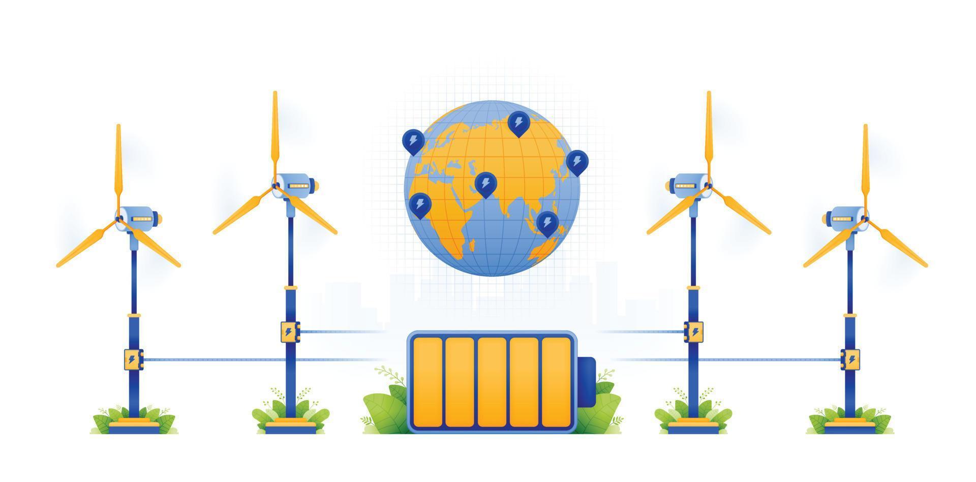 Illustrationsdesign von Windmühlen erneuerbare Energie. Laden von Energie in eine emissionsfreie Batterie. Erde mit nachhaltigerem Strom. kann für website, werbung, poster, broschüre, flyer verwendet werden vektor