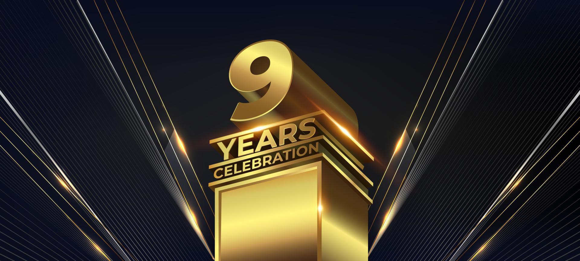 9 år jubileum svart gyllene rader utmärkelser grafik bakgrund. underhållning fläck ljus hollywood mall lyx premie företags- abstrakt design mall baner klassisk årgång certifikat layout. vektor