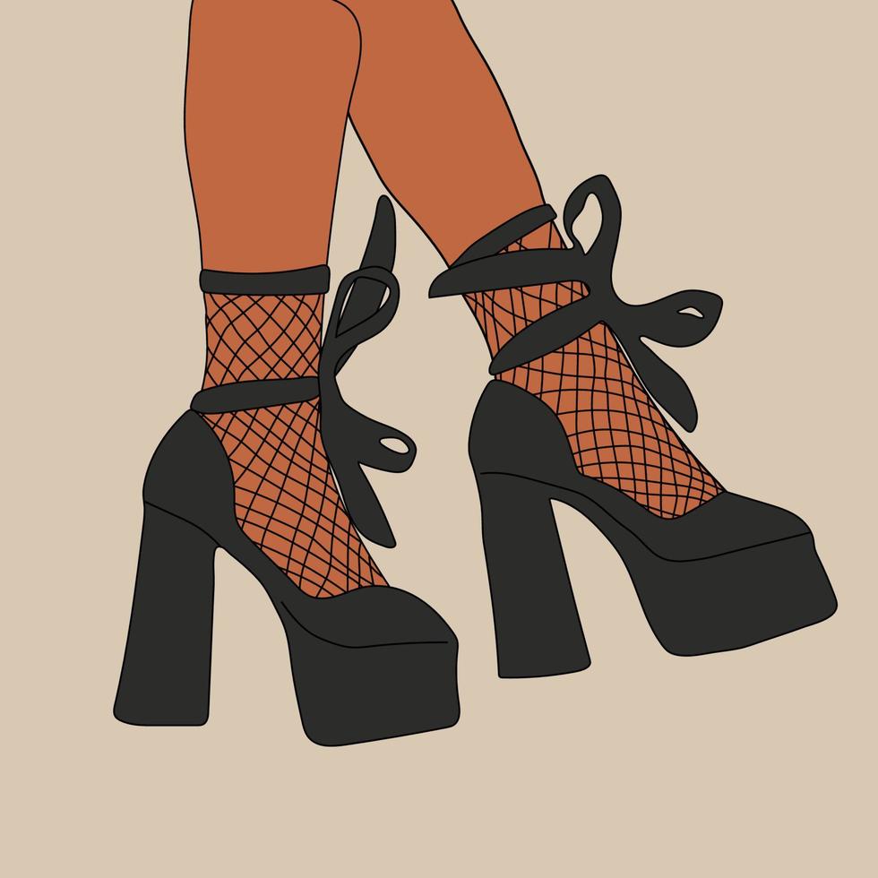 weibliche beine in stylischen schuhen mit absätzen und spitzensocken. Mode und Stil, Kleidung und Accessoires. Schuhwerk. vektorillustration für eine postkarte oder ein plakat, druck für kleidung. Jahrgang und Retro. vektor