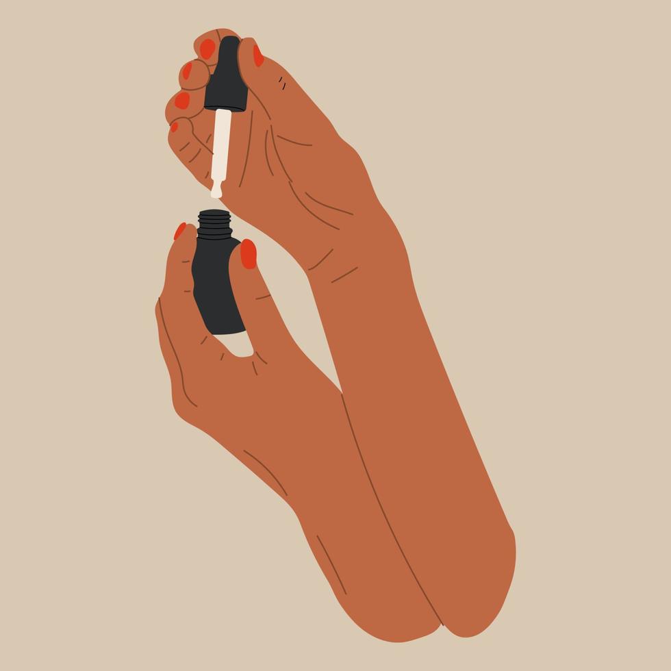 kvinna hand innehar pipett för hudvård med olja serum flaska, grädde. hand dra vektor illustration