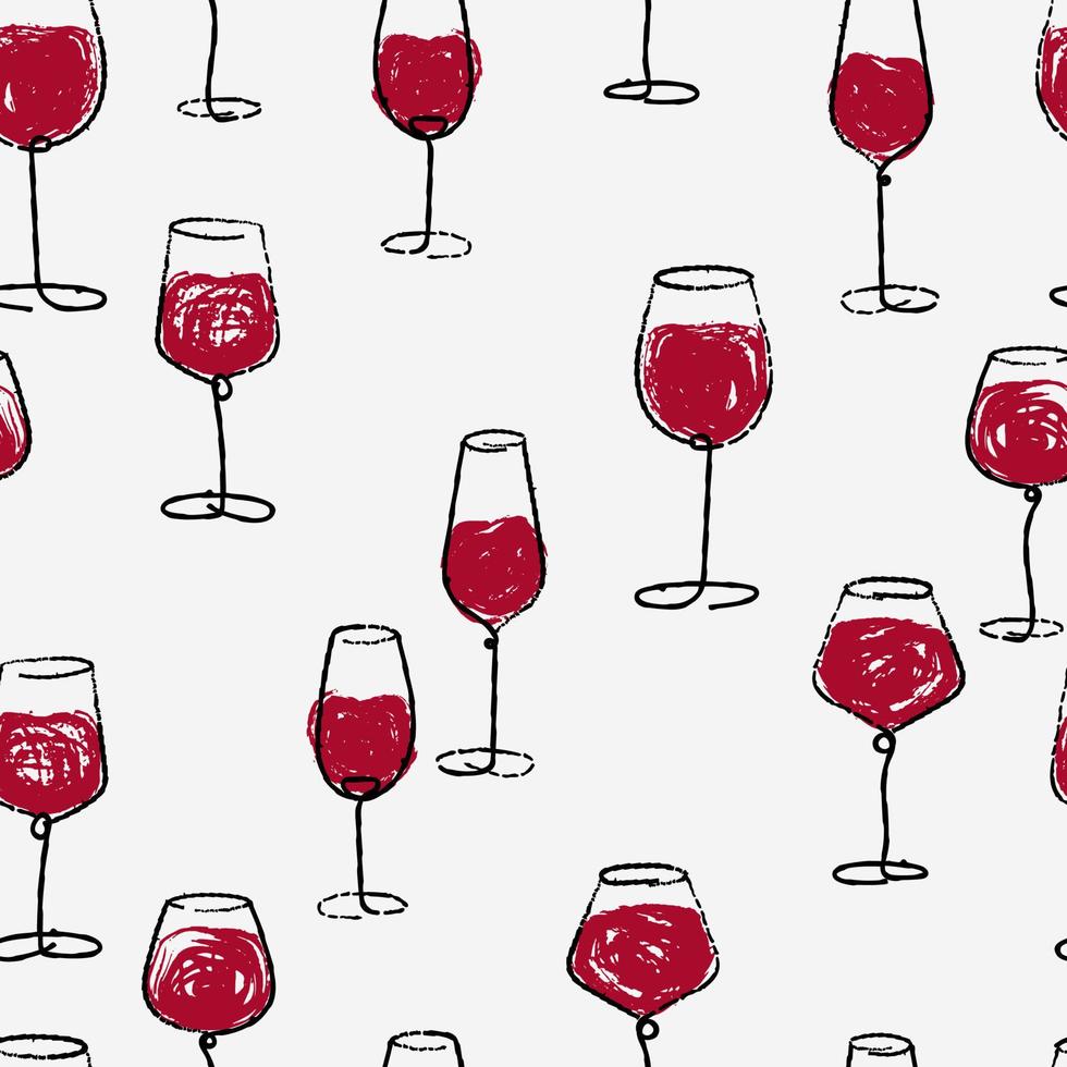 aquarell handgezeichnete skizze des nahtlosen hintergrunds der weingläser. Grunge Pinsel Weinglas Muster auf weiß. für Bar- oder Restaurantmenü, Einladung zur Weinprobe oder Party. rote Farbspritzer. Vektor. vektor