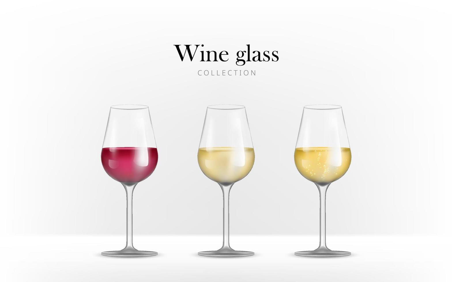 Set aus transparenten Weingläsern, leer, weiß, rot, Sekt. realistische 3d-glasbecher mit alkoholflüssigkeit. süßer, trockener und halbsüßer Wein auf der Bildfläche. Vektor für Bar- oder Restaurantmenü.