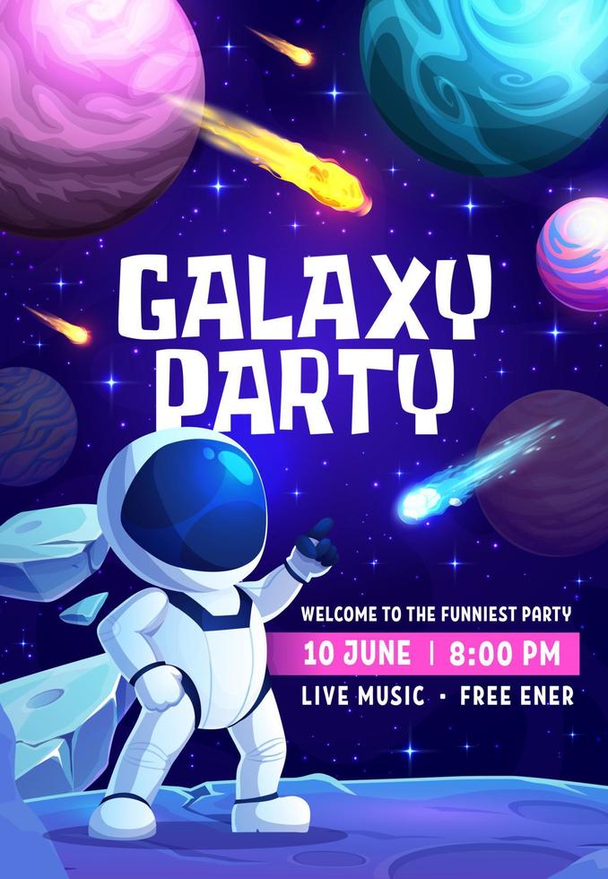 Galaxis Party Flyer, Astronaut und Raum Landschaft vektor