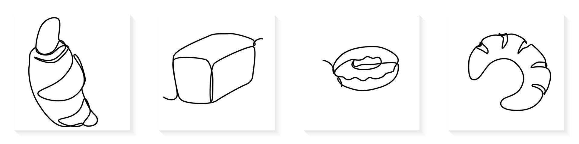 Single kontinuierlich Linie Zeichnung von stilisiert Süss frisch backen Bäckerei Gebäck im minimal kontinuierlich einer Linie vektor