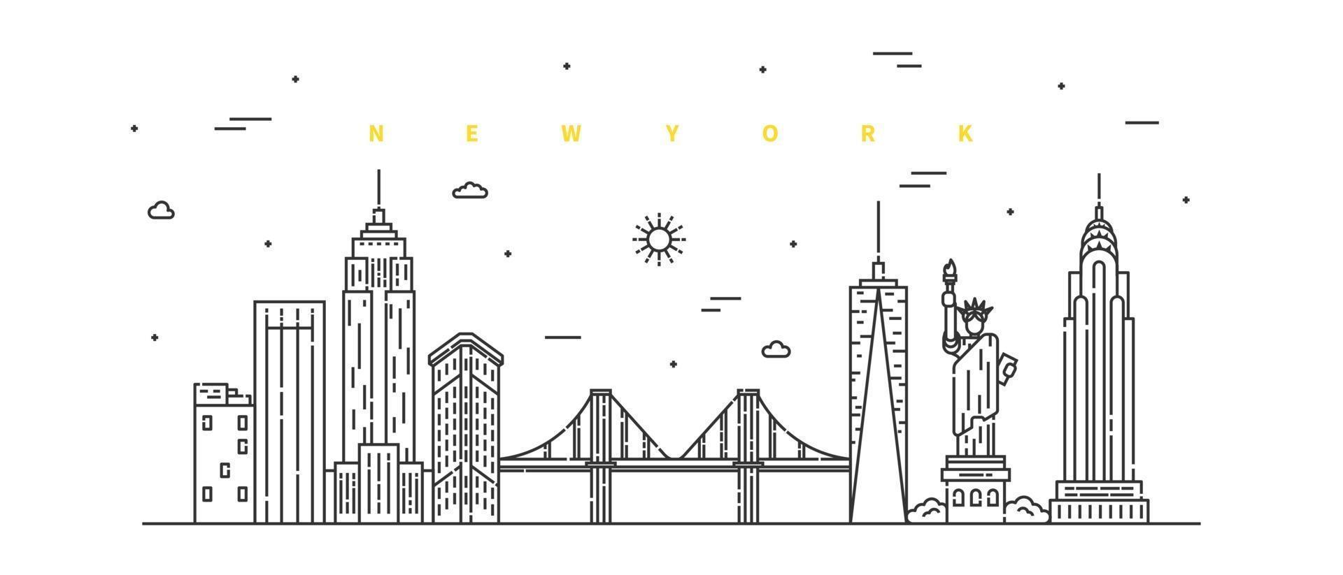 New York City. moderner flacher Linienlandschaftsvektor. Stadtbild-Linienkunstillustration mit Gebäude, Turm, Wolkenkratzern. Vektorillustration. vektor
