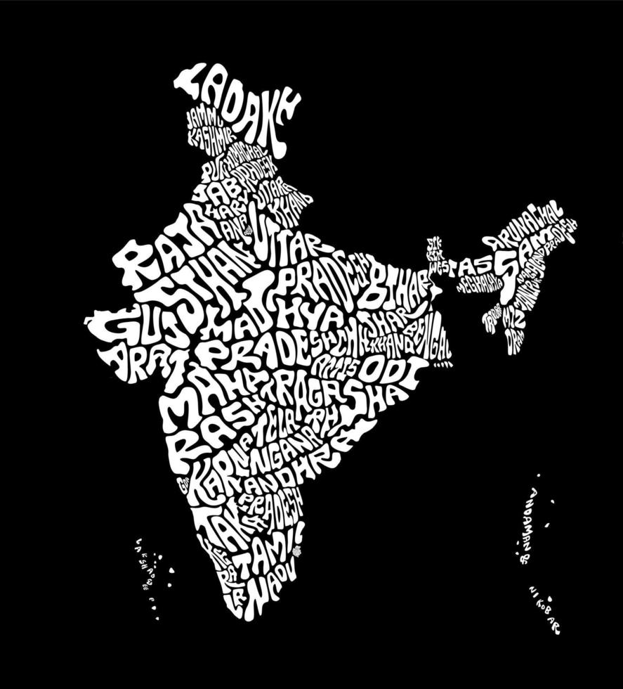 Indien Karta med Allt Indien stater typografi namn konst. Indien Karta konst textur i engelsk. svart och vit Indien typografi Karta illustration. vektor