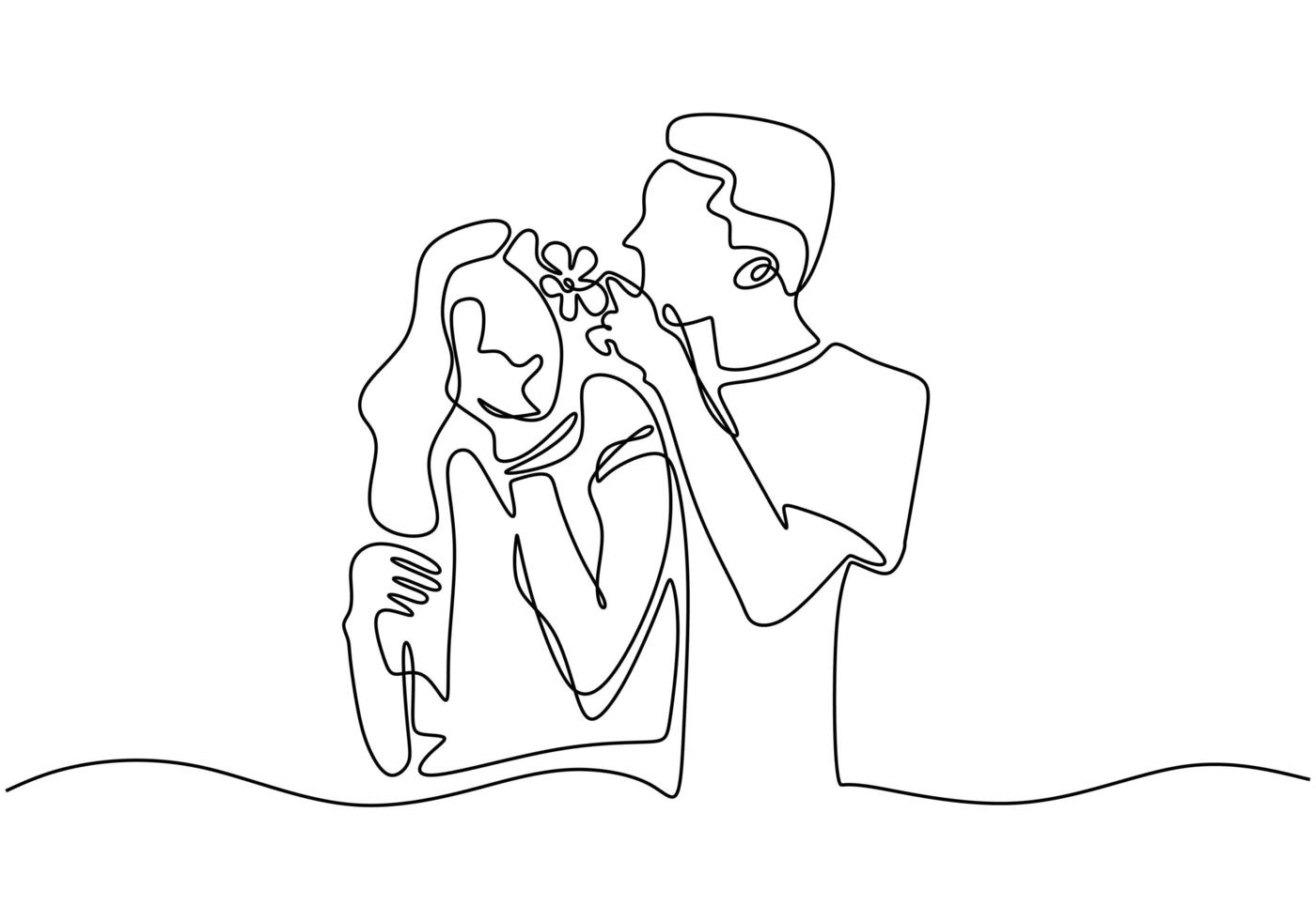 kontinuerlig linjeteckning. romantiska par. en man satte blommor på flickans hår. vektor