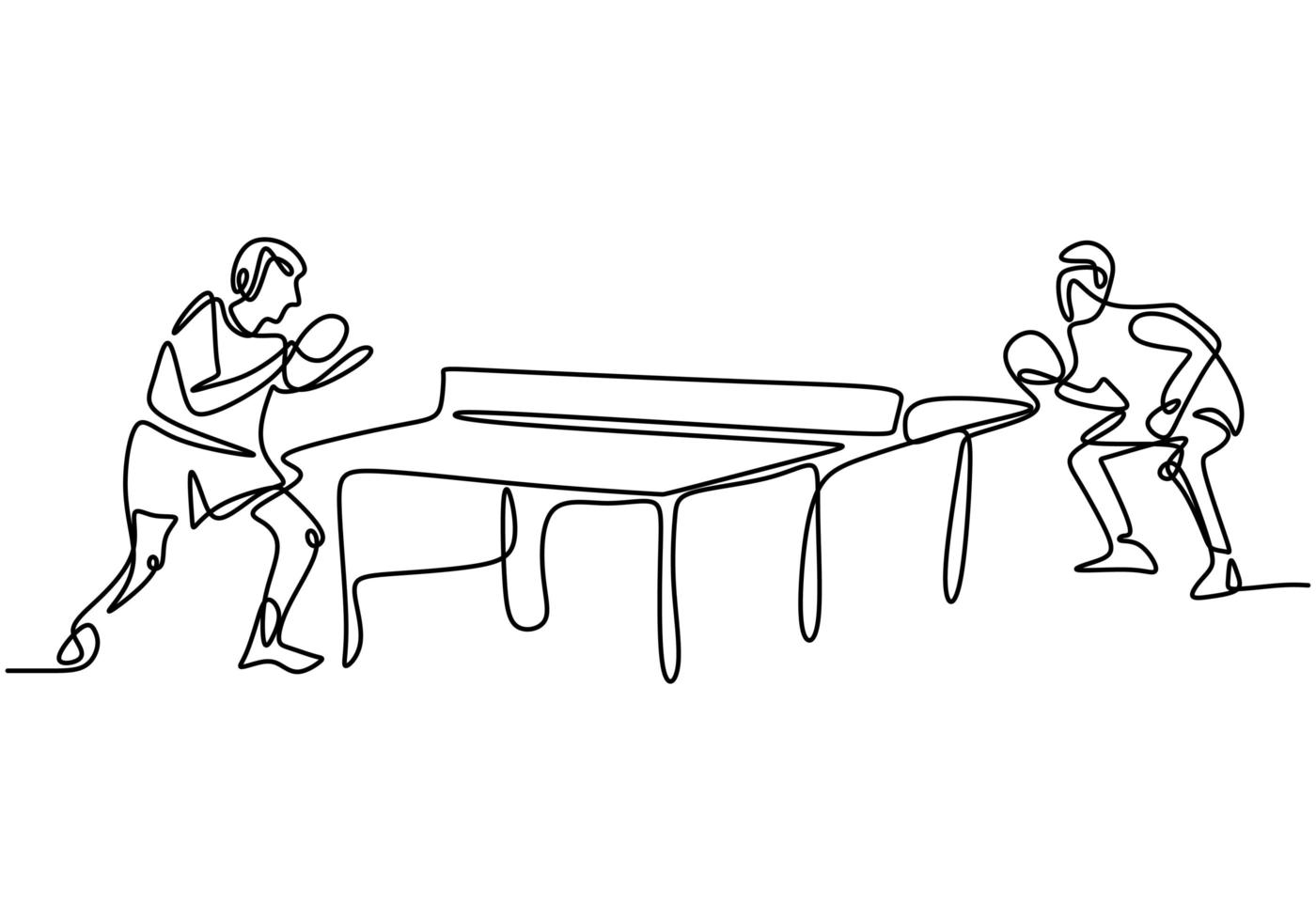 kontinuierliche einzeilige Zeichnung von jungen agilen Tischtennisspielern, die den Ball schlagen. Zwei Athleten spielen Tischtennis. vektor