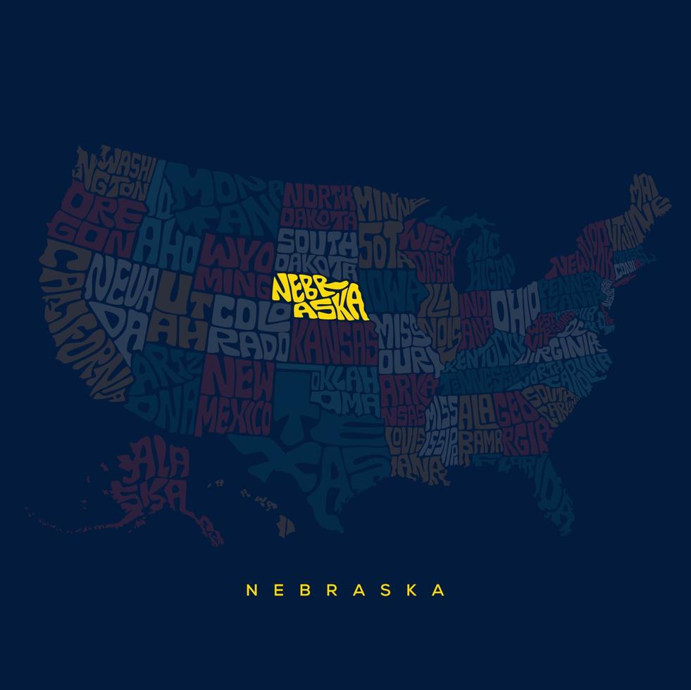 Nebraska Karta typografi. oss Karta typografi med stater namn typografi. Nebraska text. vektor