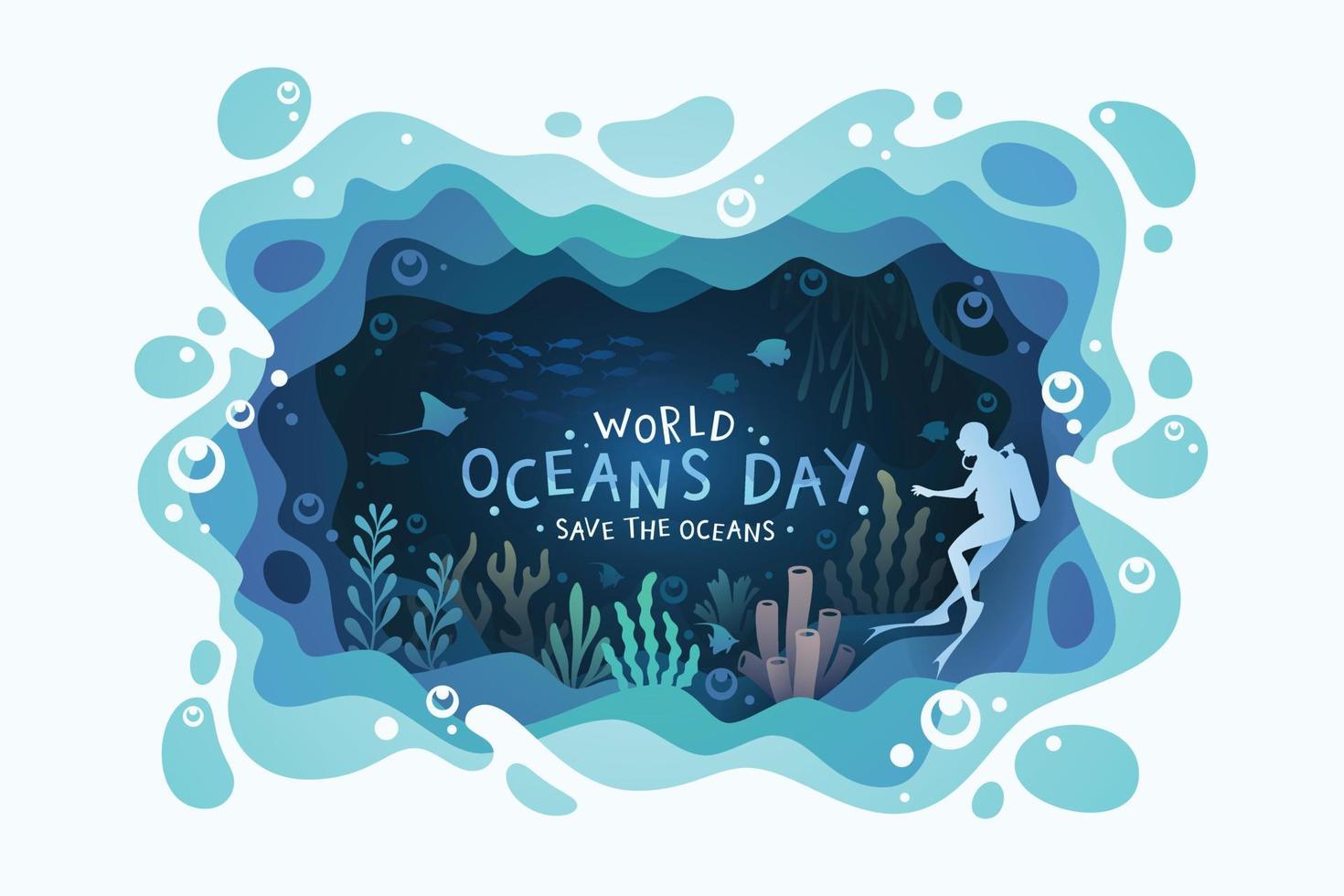 värld oceaner dag bakgrund med miljö ekosystem under vattnet värld vektor