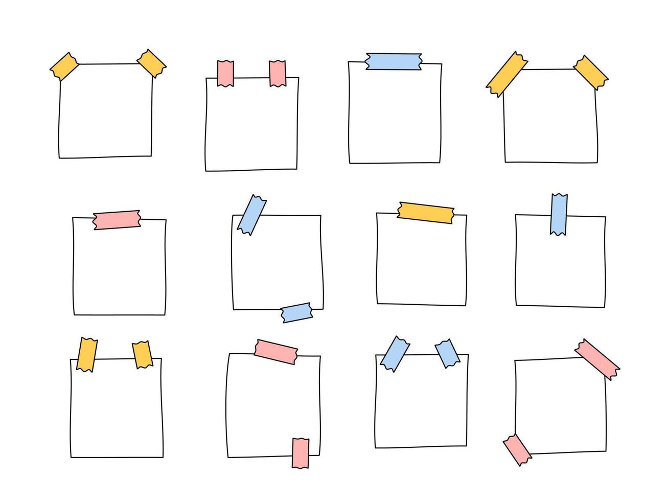 Papier Anmerkungen Kritzeleien Satz. Vektor Illustration von süß Hand gezeichnet Memo Erinnerungen. Leerzeichen zum zu tun Liste, Planer, Zeitplan. Platz weiß Papiere mit bunt klebrig Bänder