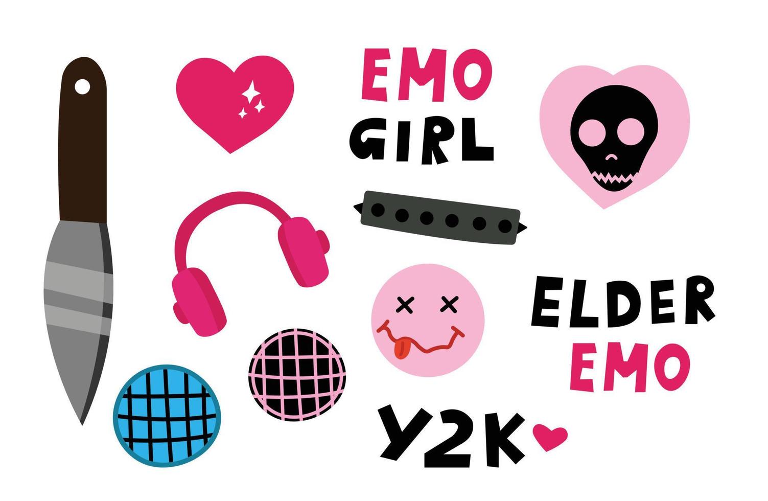 emo y2k flicka klistermärken uppsättning rosa Färg. äldre emo, goth, hörlurar, hjärta, skalle. vektor