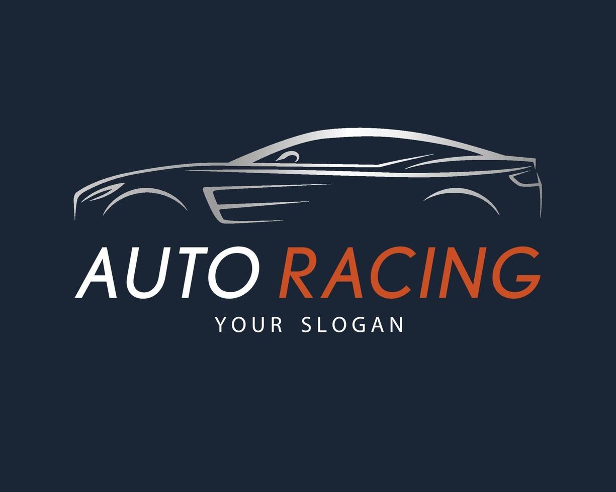 Autorennsymbol auf dunkelblauem Hintergrund. silbernes Sportwagen-Logo-Design. vektor
