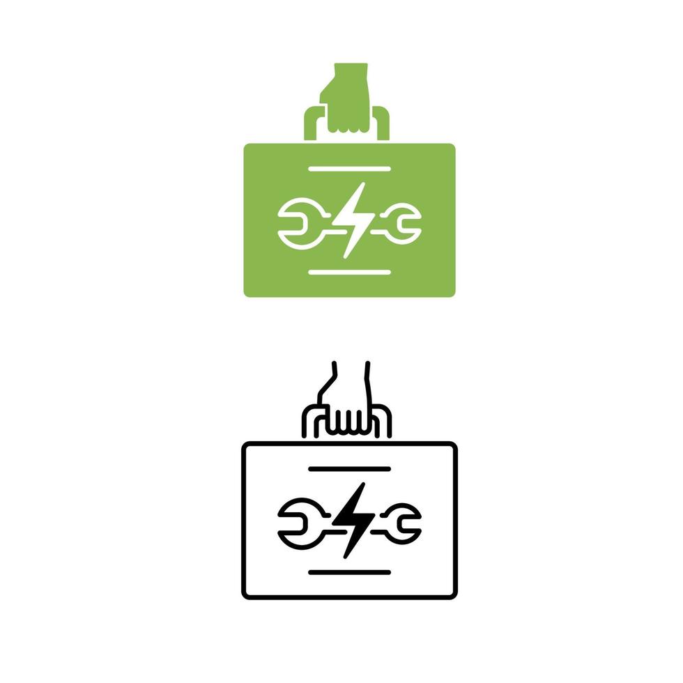 Support-Symbol für Elektroautotechniker. Techniker Hand hält Werkzeugtasche. umweltfreundliches Auto- oder Elektrofahrzeugkonzept. vektor