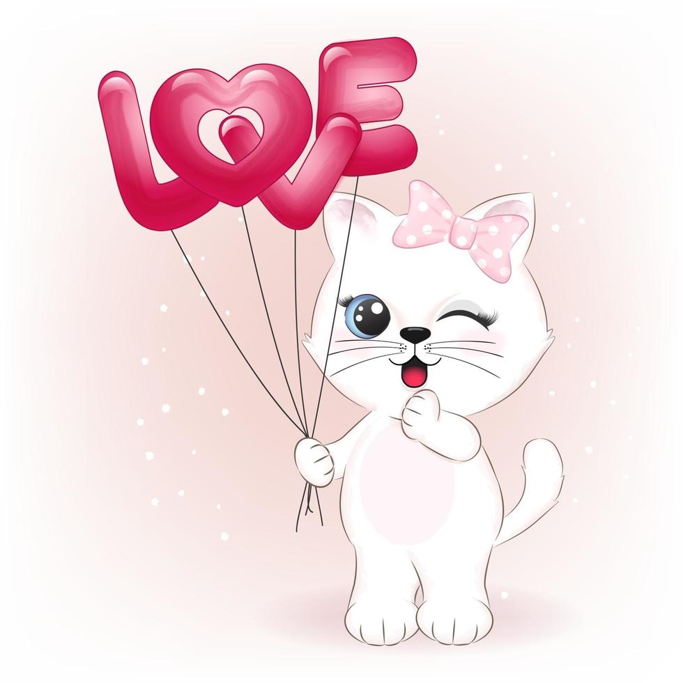 liten katt som håller kärleksballonger vektor