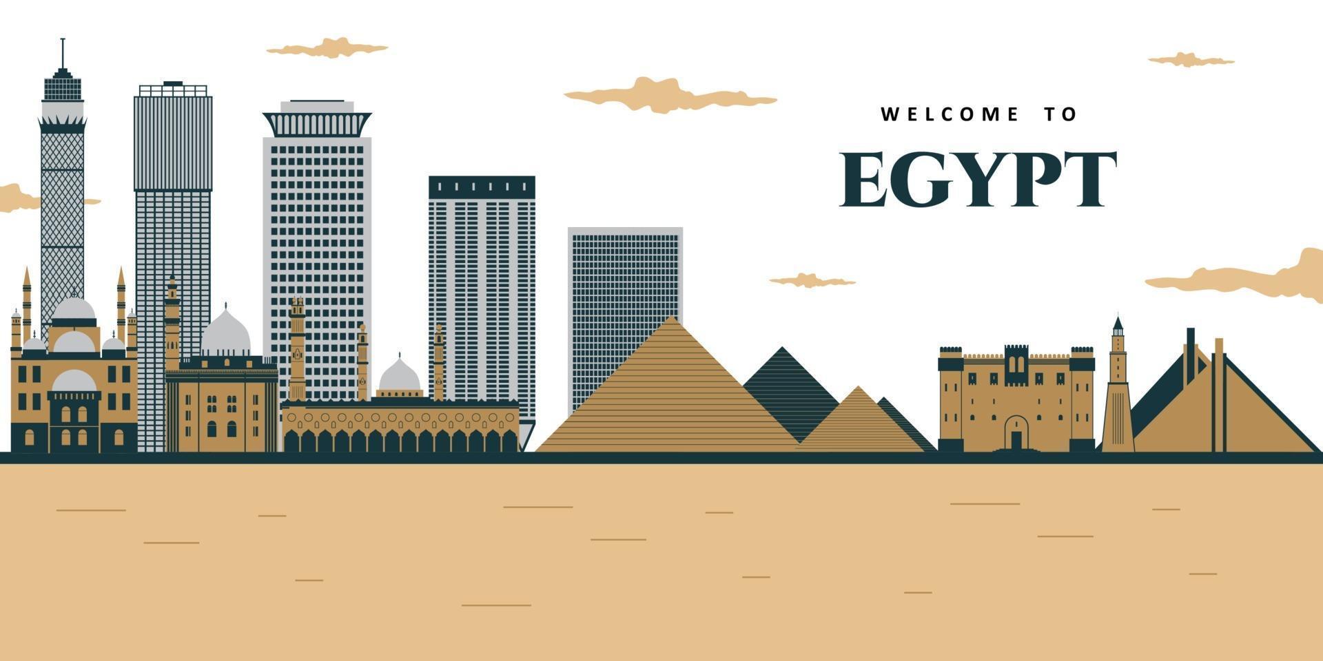 futuristisk utsikt över pyramiderna och staden. landskap panorama över egyptiska faraoner pyramider med moské. vektor