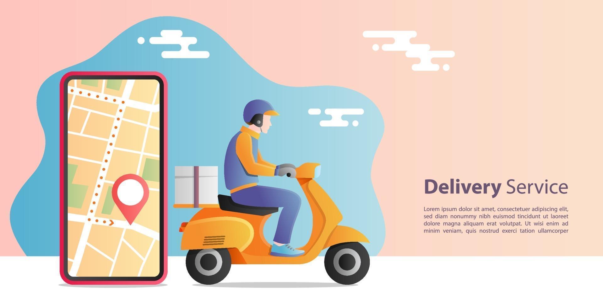 online expressleverans koncept. leverans man ridning scooter motorcykel för service med plats mobilapplikation. e-handel koncept. vektor