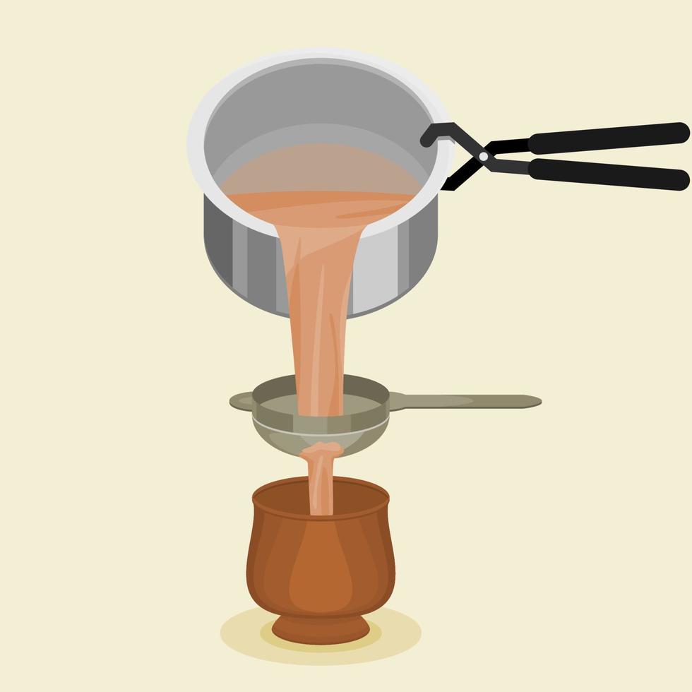 redigerbar topp sida se häller och filtrering indisk masala chai in i krukmakeri kopp vektor illustration för konstverk element av drycker med söder asiatisk kultur och tradition design