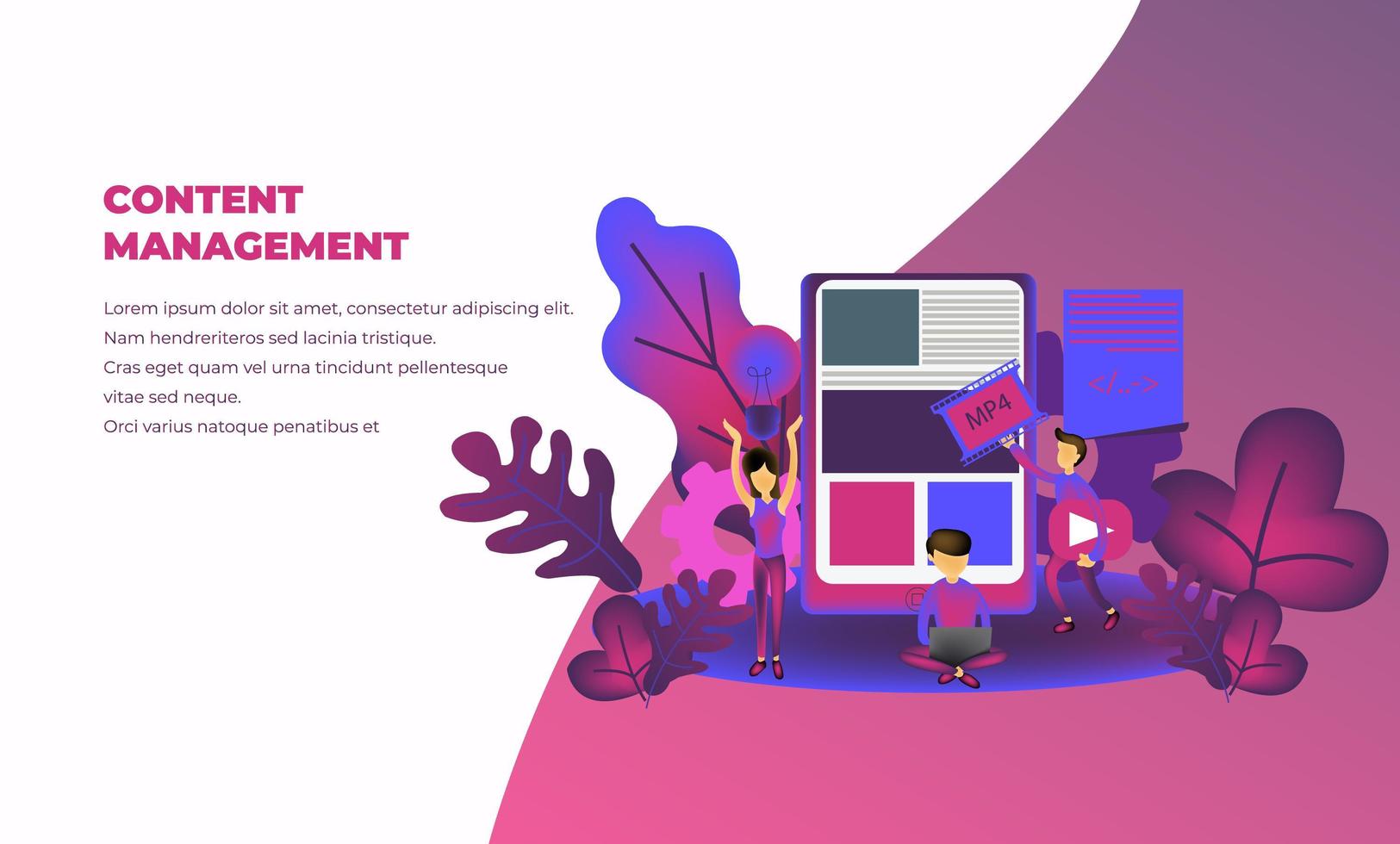 content management illustration för företag med små människor karaktär, målsida, mall vektor