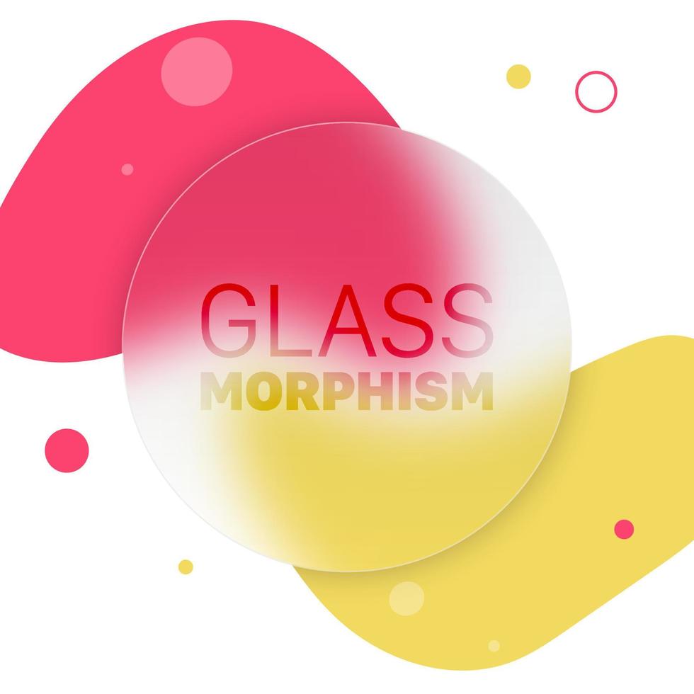 vektor glas morfism stil. genomskinlig cirkel på vätska bakgrund med cirklar och flytande former. matt transparent glas och färgad ljus cirklar. plats för din text, för webb, ui, appar.