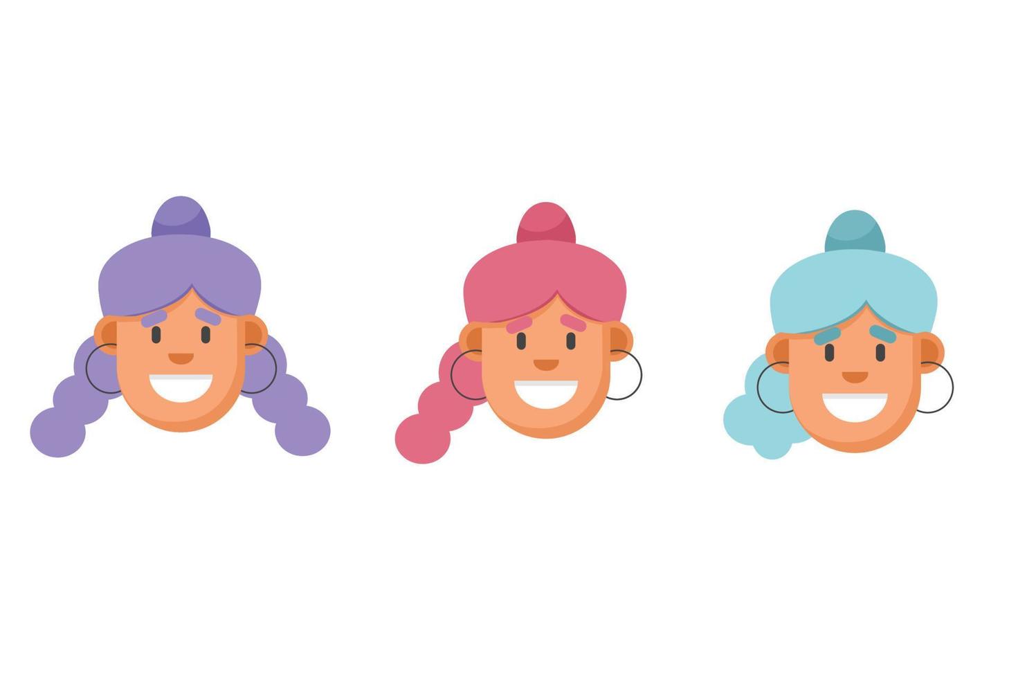 platt stil flickor ansikten uppsättning. lila, rosa och blå hår. minimalism, digital illustration vektor