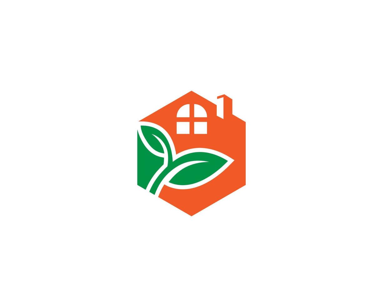 grön hus logotyp design med blad miljö element vektor mall.