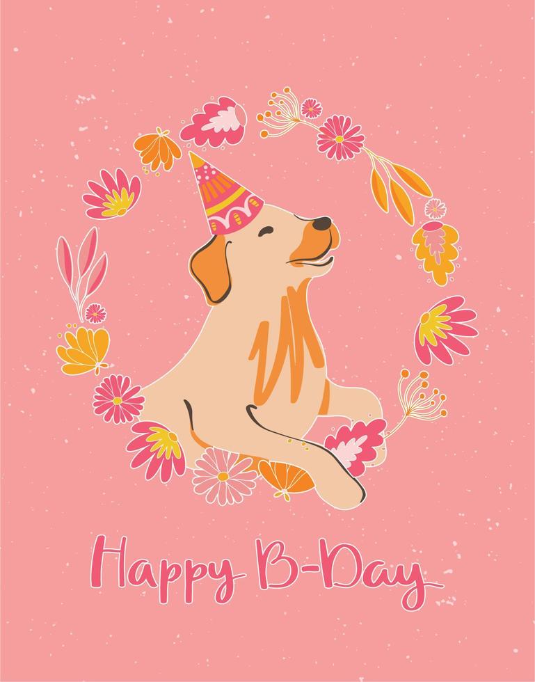 schön Postkarte mit ein Labrador Hündchen im ein festlich Deckel im ein Blume Kranz auf ein Rosa Hintergrund. kreativ Vektor Illustration. glücklich Geburtstag Design. Party Dekor.