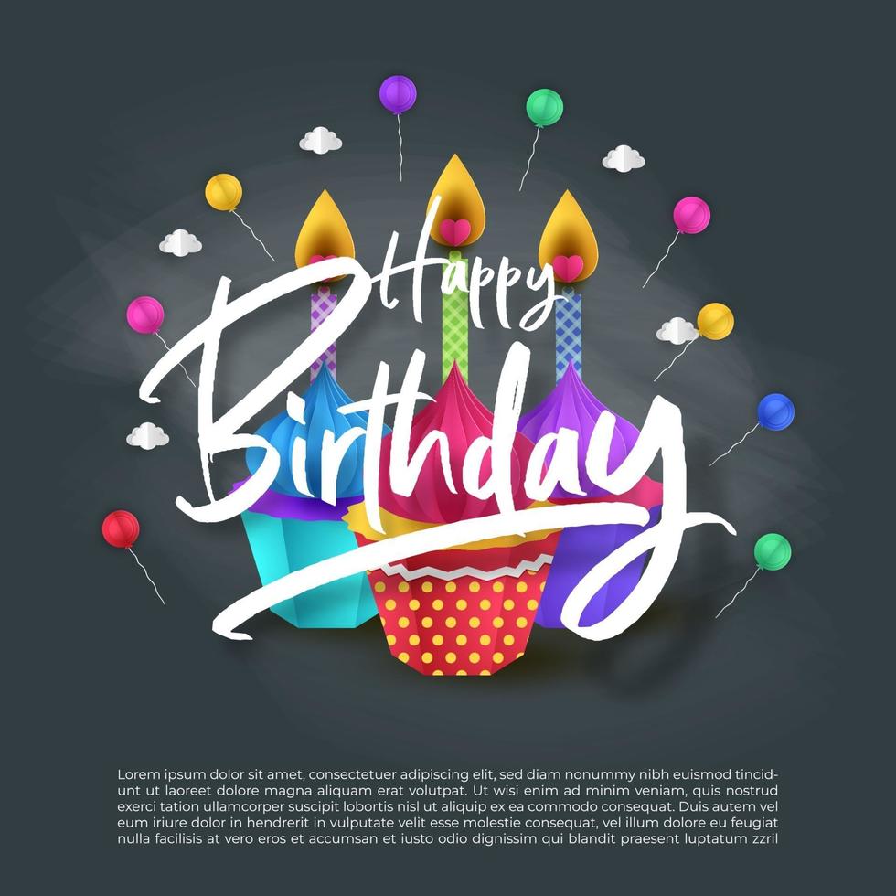 papperskonst med ballonger och muffins, grattis på födelsedagsfestkonst och illustration. vektor