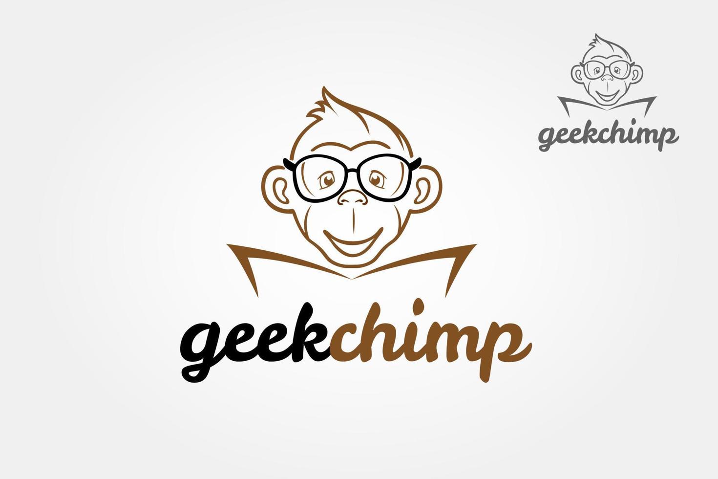 Geek Schimpanse Logo Karikatur Charakter. Illustration von Karikatur Affe lesen Buch. Vektor Logo Illustration.
