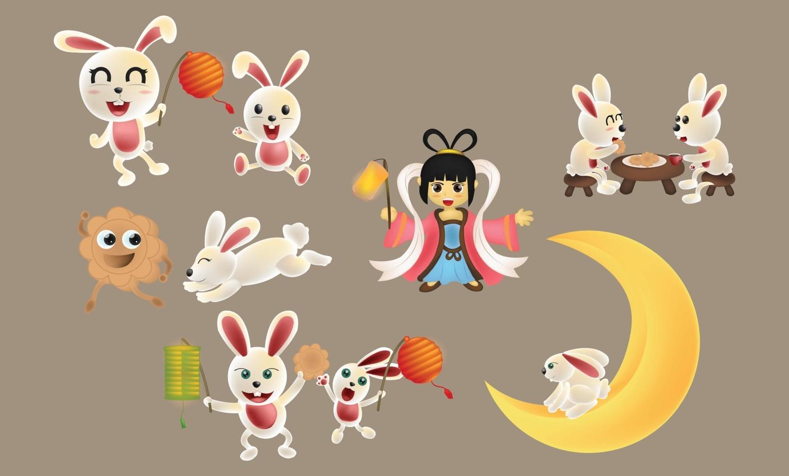 Mitte Herbst Festival Sammlung. süße Kaninchen, Mondprinzessinnen, Mondkuchen, chinesische Laternen isoliert vektor