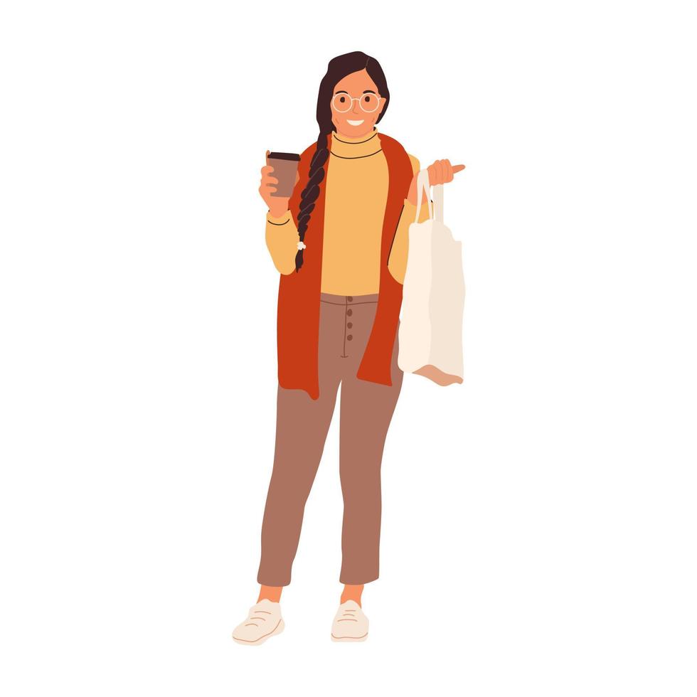 glücklich Frau draußen mit Kaffee und Öko Käufer Tasche. Mädchen im gehen. Vektor Illustration isoliert auf Weiß Hintergrund