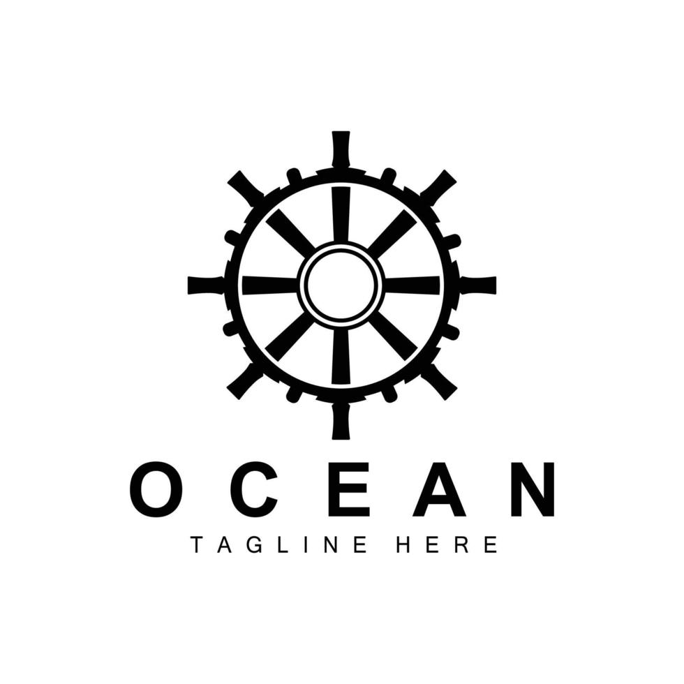 Schiffssteuerungslogo, Ozeansymbole Schiffssteuerungsvektor mit Meereswellen, Segelbootanker und Seil, Segeldesign der Firmenmarke vektor