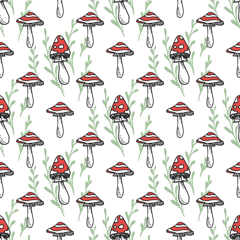 Pilze Hand gezeichnet schwarz nahtlos Vektor Muster. fliegen Agaric Hand gezeichnet Linie Kunst nahtlos Vektor Muster. Amanita Muscaria nahtlos Hintergrund zum Drucken, Stoff, Textil-