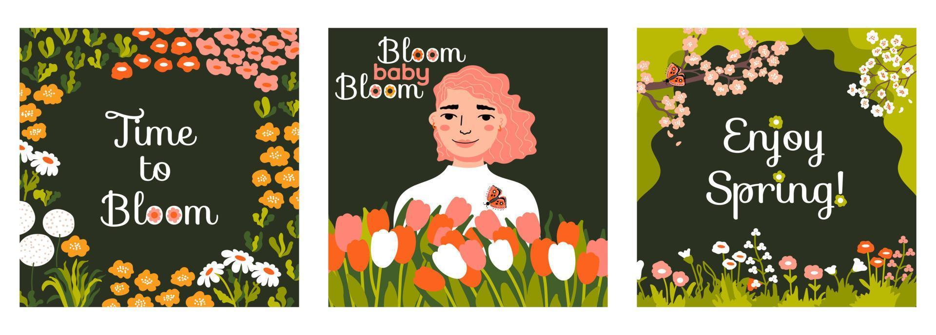 vår inspirera kort uppsättning. kvinna med blommor. blommig mönster. fjärilar, tulpaner. text blomma bebis, blomma. njut av vår. Bra mall för webb, kort, affisch, baner. vektor illustration