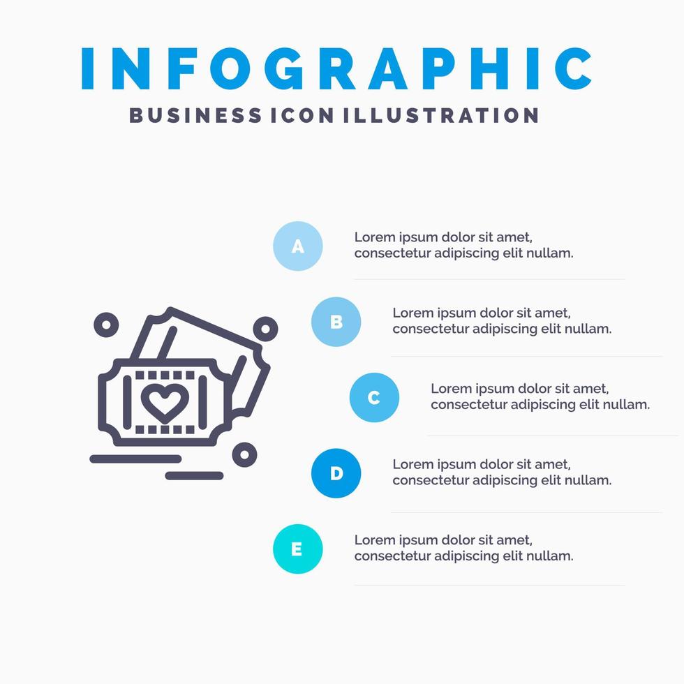 Ticket Liebe Herz Hochzeit Liniensymbol mit 5 Schritten Präsentation Infografiken Hintergrund vektor