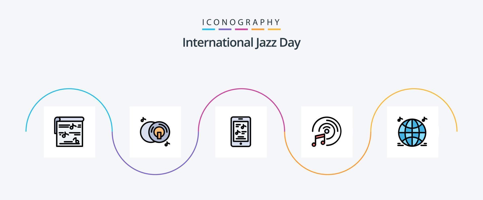 internationell jazz dag linje fylld platt 5 ikon packa Inklusive musik. multimedia. multimedia. musik. telefon vektor
