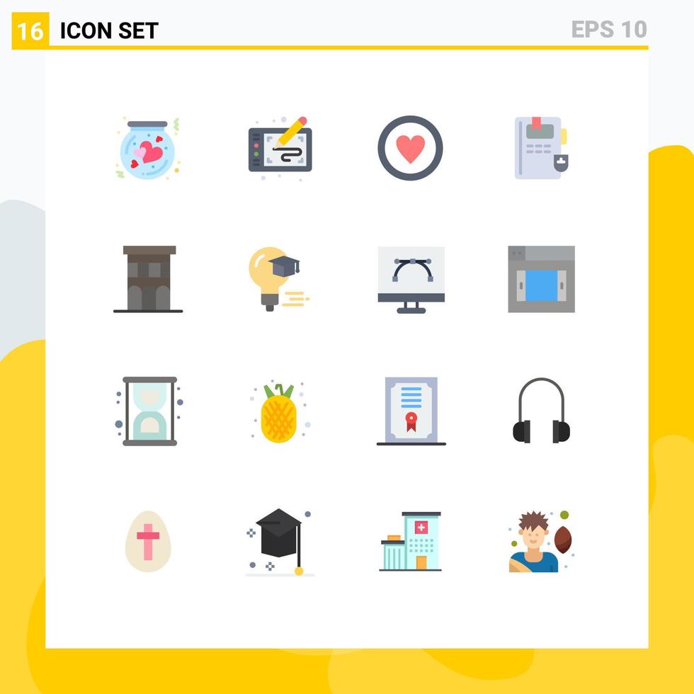 modern uppsättning av 16 platt färger pictograph av kunskap bok konst tecken kärlek redigerbar packa av kreativ vektor design element