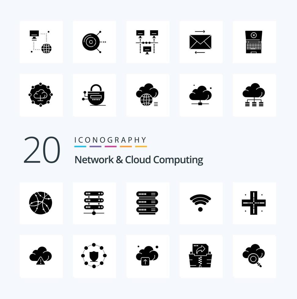 20 nätverk och moln datoranvändning fast glyf ikon packa tycka om datoranvändning varna teknologi moln plats vektor