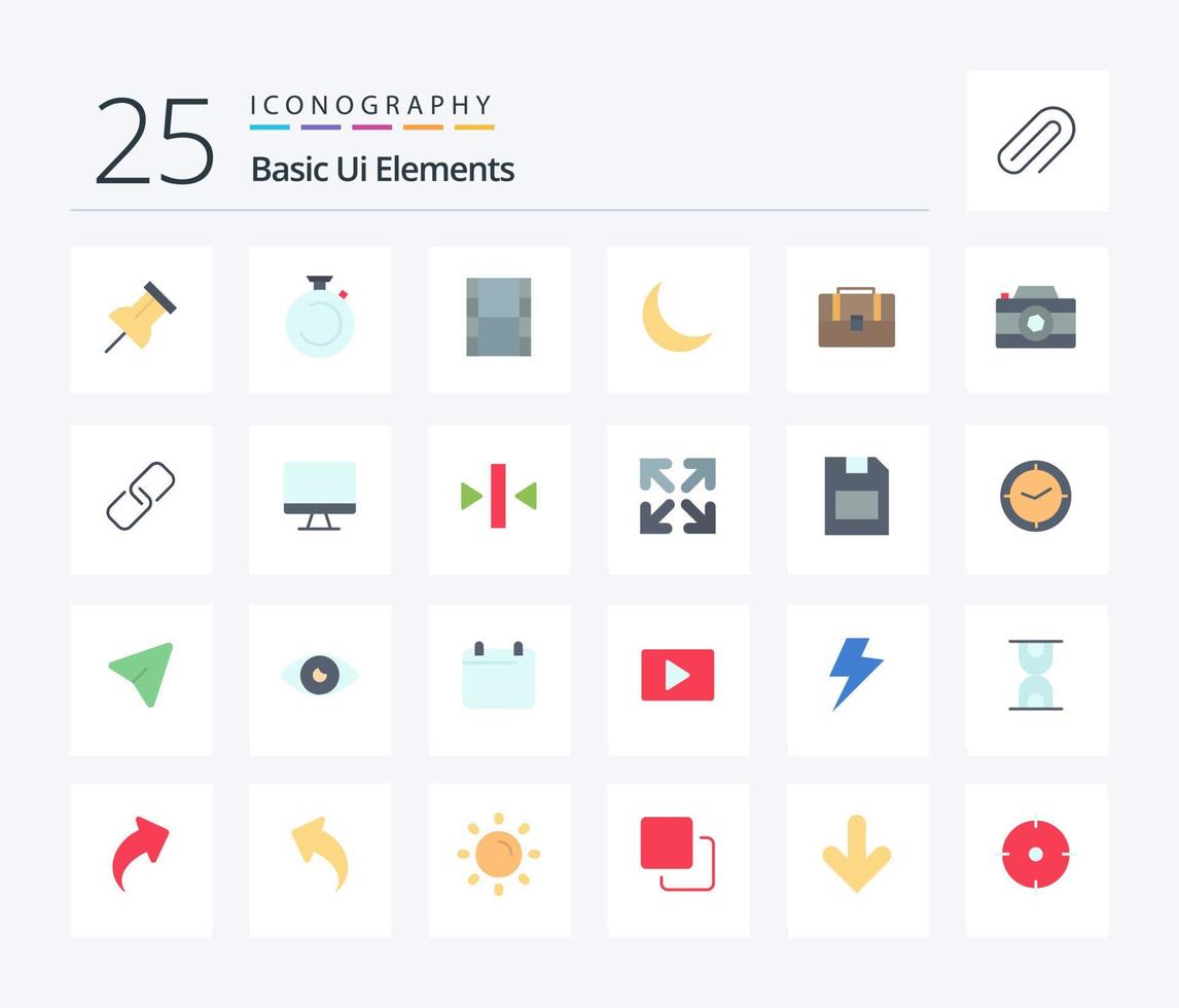 grundläggande ui element 25 platt Färg ikon packa Inklusive fall. väska. video. naturlig. natt vektor
