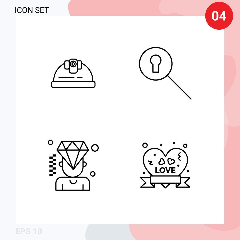 redigerbar vektor linje packa av 4 enkel fylld linje platt färger av hjälm diamant konstruktion hemlighet hjärta bricka redigerbar vektor design element