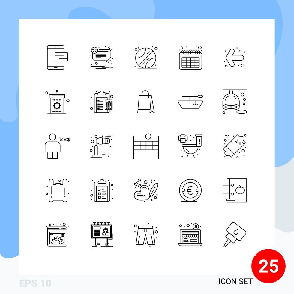 Benutzer Schnittstelle Pack von 25 Basic Linien von links Pfeil Lächeln Zeit Kalender editierbar Vektor Design Elemente