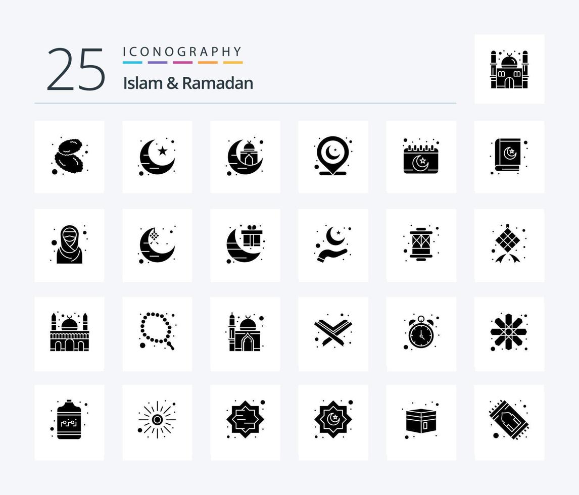 Islam und Ramadan 25 solide Glyphe Symbol Pack einschließlich Islam. Karte Stift. Gebäude. Muslim. Islam vektor