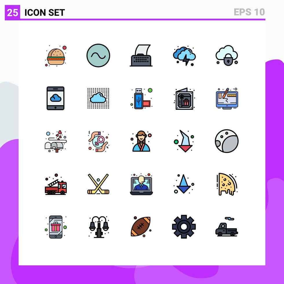 uppsättning av 25 kommersiell fylld linje platt färger packa för låsa internet papper väder blixt- redigerbar vektor design element